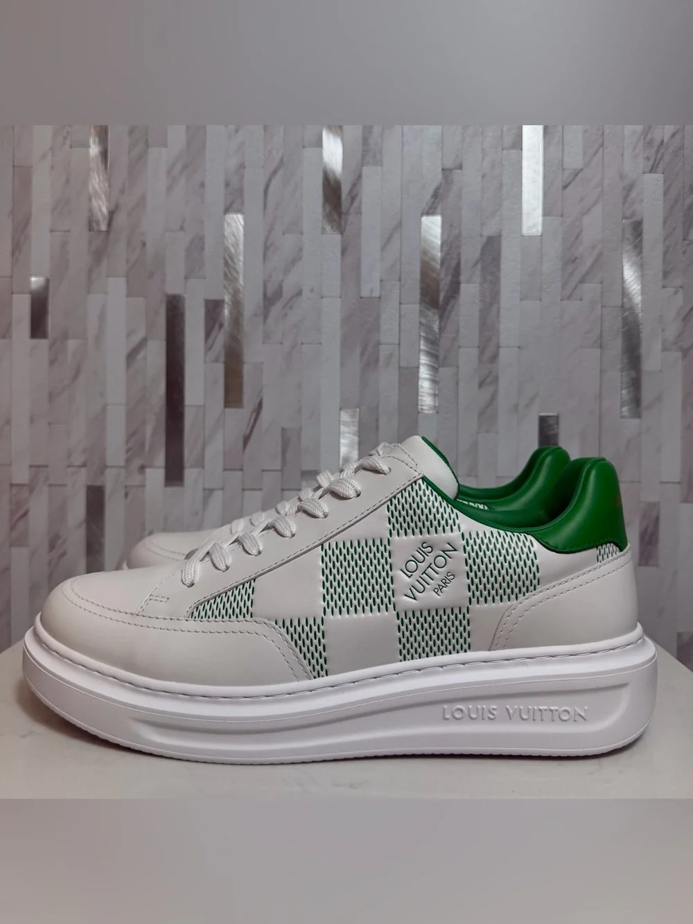 🍀Louis Vuitton Men’s Beverly Hills Giant Damier White/Green Sneakers 7.5UK/9US